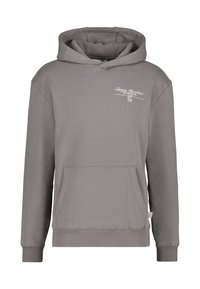 Grijze katoenen hoodie met een kangoeroezak, ribgebreide boorden en zoom, en witte logo tekst op de borst. Zachte textuur en relaxed fit.