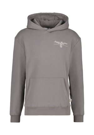 Grijze katoenen hoodie met een kangoeroezak, ribgebreide boorden en zoom, en witte logo tekst op de borst. Zachte textuur en relaxed fit.