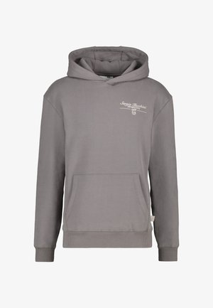 Grijze katoenen hoodie met een kangoeroezak, ribgebreide boorden en zoom, en witte logo tekst op de borst. Zachte textuur en relaxed fit.