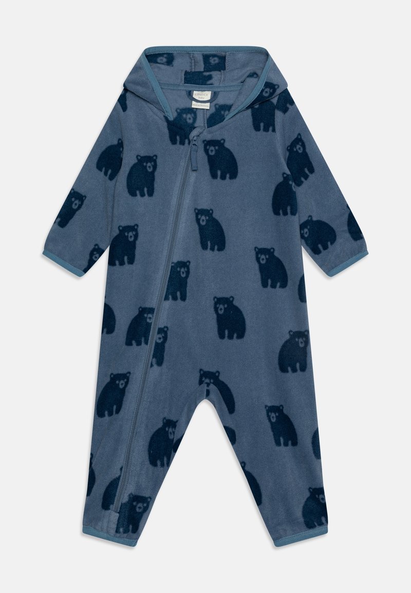 Grenouillère bébé en polaire bleue avec capuche, fermeture éclair devant et motifs d’oursons foncés partout.