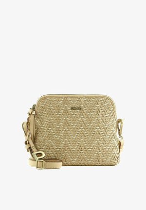 Geweven strooien schoudertas in beige met een ritssluiting, verstelbare leren band en metalen accenten. Geanimeerd, visgraatpatroon op het oppervlak.