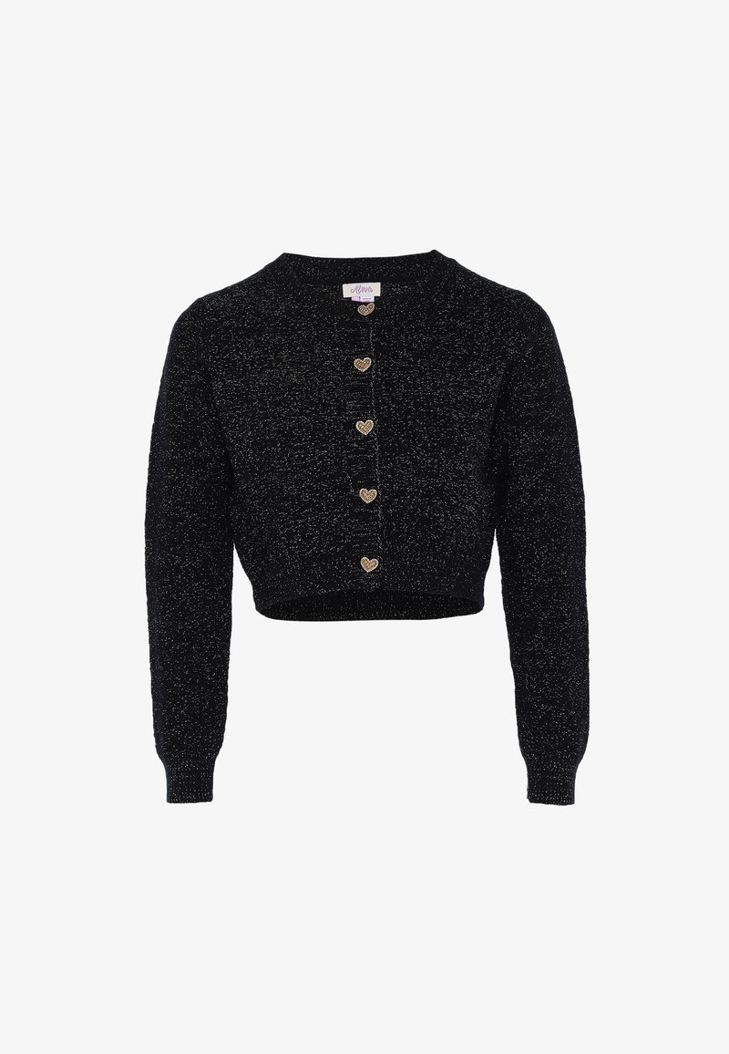 Cárdigan negro cortado con un acabado texturizado. Presenta seis botones dorados en forma de corazón en la parte delantera y mangas largas.