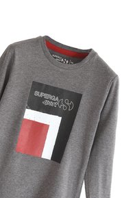 Felpa grigia a maniche lunghe con collo a giro, caratterizzata da una stampa grafica multicolore in bianco, nero e rosso. Tessuto morbido, design casual.