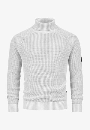 Grå strikket højhalset sweater med ribbede tekstur, tætsiddende lange ærmer og et diskret logo-patch på venstre ærme.