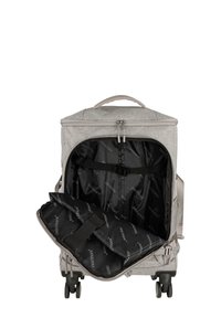 Grauer Rucksack auf Rädern mit Doppel-Reißverschluss. Innenraum mit schwarzem Futter und Logomuster sowie verstellbaren Gurten zur Sicherung von Gegenständen.