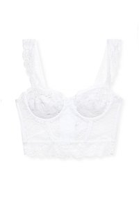 Bralette bianco in pizzo con design strutturato, spalline regolabili, motivi floreali e bordo ondulato lungo il colletto e l'orlo.