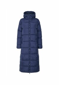 Dlhý námornícky pufrový kabát s kapucňou, ktorý má horizontálne prešívané panely a predné zapínanie na zips. Vyrobený z hladkého, ľahkého materiálu.