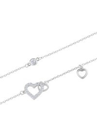 Srebrna bransoletka z dwoma splecionymi sercami, jedno zdobione przezroczystymi kryształami, oraz dodatkowym małym otwartym sercem.