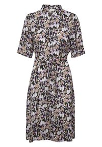 Květinové šaty v černé barvě, s krátkými rukávy, límečkem a stahováním v pase. Vyrobeny z lehkého materiálu v odstínech růžové, bílé a hnědé.