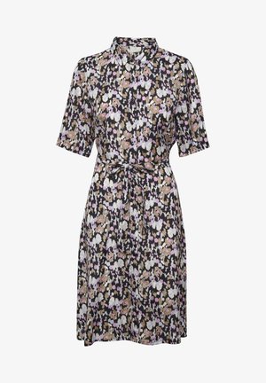 Květinové šaty v černé barvě, s krátkými rukávy, límečkem a stahováním v pase. Vyrobeny z lehkého materiálu v odstínech růžové, bílé a hnědé.
