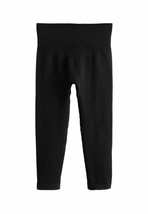 Les leggings noirs côtelés présentent une large ceinture élastique et un design ajusté qui s'étend jusqu'aux chevilles, fabriqués à partir d'un matériau doux et extensible.
