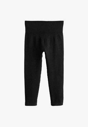 Czarne prążkowane legginsy z szerokim, elastycznym pasem w talii oraz dopasowanym krojem, który sięga do kostek, wykonane z miękkiego, elastycznego materiału.