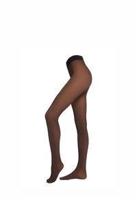 Durchsichtige braune Strumpfhosen mit einem festen schwarzen Bund, glatter Textur und einem gleichmäßigen matten Finish, die so gestaltet sind, dass sie eng an den Beinen sitzen.