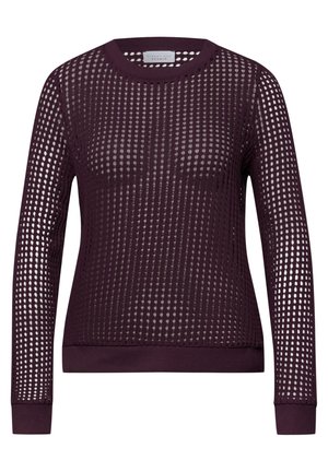 Lange mouw, donkerpaars mesh trui met kleine vierkante gaatjes en effen boorden, zoom en ronde hals.
