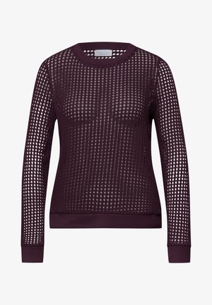 Lange mouw, donkerpaars mesh trui met kleine vierkante gaatjes en effen boorden, zoom en ronde hals.