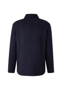 Marynarka z wełny w kolorze granatowym, dopasowany krój, prosty fason, kołnierz szalowy, długie rękawy, jednoparowe mankiety, gładka tekstura, bez widocznych wzorów.