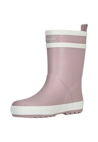Botte de pluie en caoutchouc rose avec des rayures horizontales blanches, semelle texturée et lanière à l'arrière. Fini lisse et design à bout rond.