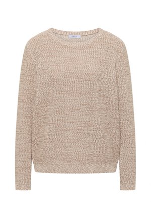 Pull en tricot beige et marron clair à manches longues et col rond, fabriqué à partir d'un tissu texturé.