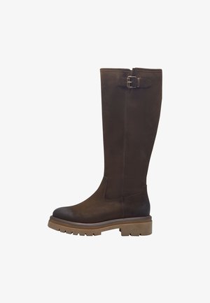 Braune Lederkniehohe Stiefel mit abgerundetem Zehenbereich, strukturiertem Obermaterial, Schnallenakzent und einer robusten braunen Sohle für besseren Halt.