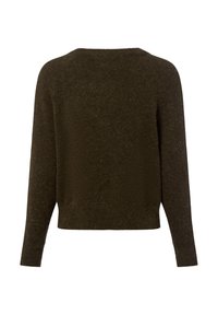 Donkergroene cropped trui met lange mouwen, gemaakt van een zachte, textuurrijke breimateriaal. Heeft een ronde halslijn en een eenvoudig ontwerp.