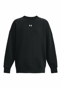 Sudadera negra de tela suave con cuello redondo y mangas largas. Presenta un logo blanco en el pecho y puños y dobladillo acanalados.