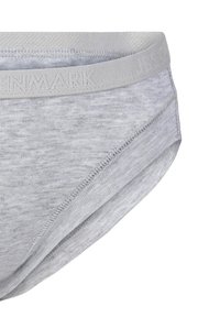 Grå bomuldsundertøj med en glat tekstur, der har en bred elastisk talje med påtryk af "DANMARK" og et klassisk brief-design.