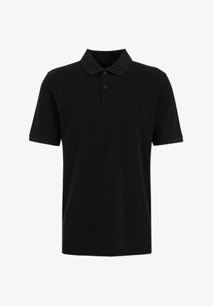 Černé polo tričko vyrobené z bavlny s jemnou texturou. Disponuje klasickým límečkem, zapínáním na tři knoflíky a krátkými rukávy.