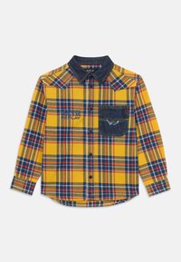 Gelbes kariertes Hemd mit blauen und roten Mustern, Denim-Tasche, Knopfverschlüsse und spitzen Kragen. Mit einem Logo auf der Brust.