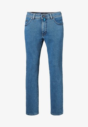 Blaue Jeans aus Denim mit geradem Bein, fünf Taschen und kontrastierenden Nähten entlang der Nähte.