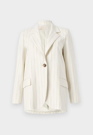 Bežinis švarkas su smulkiomis dryžuotėmis, su notch tipo apykakle, vienu mygtuko uždarymu ir dviem priekinių kišenių. Pagamintas iš glotnaus audinio su prisiūtu siluetu.