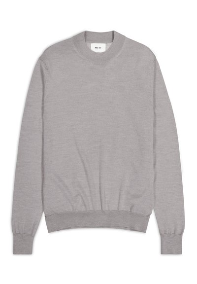 Light gray pullover sweater made from soft cotton. Round neckline, ribbed cuffs and hem, minimal design with no visible patterns or logos.