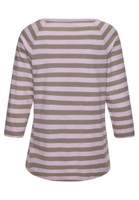 Gestreiftes Oberteil mit horizontalen lavendelfarbenen und olivgrünen Streifen, runder Ausschnitt, dreiviertellange Ärmel und lockere Passform.
