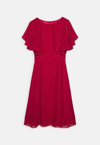 Robe rouge à manches courtes en tissu fluide avec taille cintrée et jupe évasée. Présente de doux volants sur les manches et un col rond.
