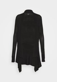 Černý lehký cardigan s dlouhými rukávy, otevřeným předním dílem a splývavým lemem. Texturovaná látka s jemným vzorem, vhodná pro vrstvení.