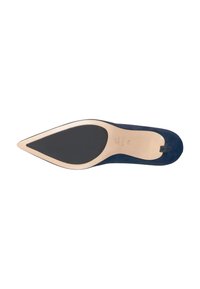 Semelle d'une chaussure à talon haut bleu marine à bout pointu, avec patin antidérapant noir et semelle beige lisse, indiquant la taille et la marque.