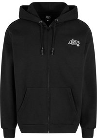 Hoodie noir zippé en tissu mélangé coton. Présente une capuche avec cordon de serrage, des poches avant, des poignets côtelés et un logo blanc discret sur la poitrine.