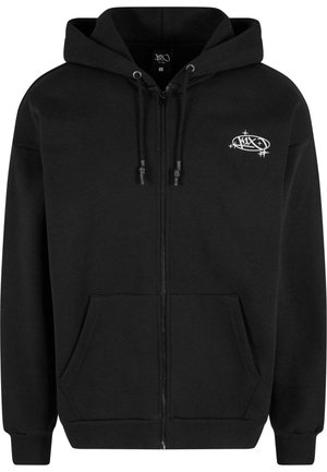 Black zip-up hoodie made of cotton blend fabric. Features a drawstring hood, front pockets, ribbed cuffs, and subtle white logo on the chest.
