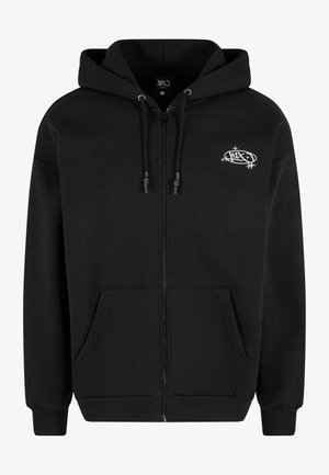 Black zip-up hoodie made of cotton blend fabric. Features a drawstring hood, front pockets, ribbed cuffs, and subtle white logo on the chest.