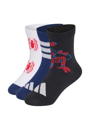 Tre paia di calzini da uomo con design di Spider-Man: bianchi con logo ragno rosso, blu con strisce bianche e neri con figura di Spider-Man rossa e blu.
