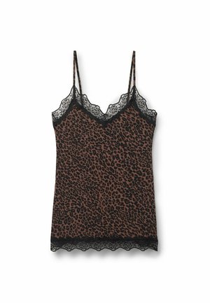 Top na ramiączkach w panterkę z cienkimi ramiączkami, czarną koronkową lamówką przy dekolcie i na brzegu, w odcieniach brązu i czerni. Miękka tekstura tkaniny.