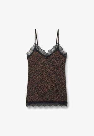 Top na ramiączkach w panterkę z cienkimi ramiączkami, czarną koronkową lamówką przy dekolcie i na brzegu, w odcieniach brązu i czerni. Miękka tekstura tkaniny.