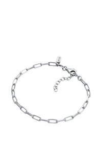 Silverkedja armband med avlånga länkar och en stångklämma. Har en justerbar kedja för storleksanpassning och en liten märkesskylt.