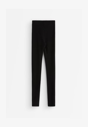 Leggings noirs en tissu extensible, dotés d'une taille haute et d'un design sans coutures. Texture lisse et couverture intégrale.