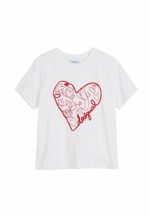 Fehér pamut póló, piros szív grafikával, körvonalazott rajzokkal és az alján játszós betűtípussal írt "desigual" szóval.