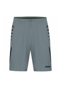 Pantaloni sportivi grigi realizzati in materiale leggero, con accenti laterali neri, dettaglio in bottone sul lato sinistro e logo JAKO.