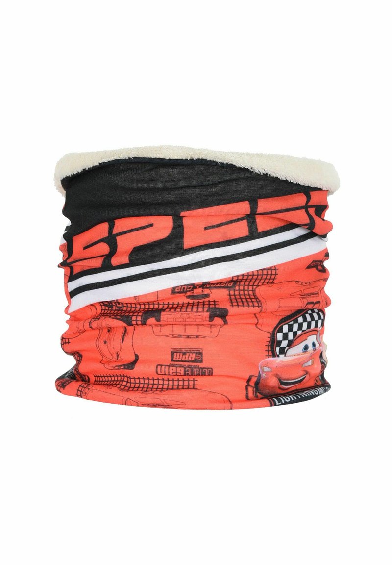 Chauffe-nuque multifonction. Présente un design rouge et noir avec des voitures en cartoon, une doublure en polaire blanche douce et des graphiques sportifs.