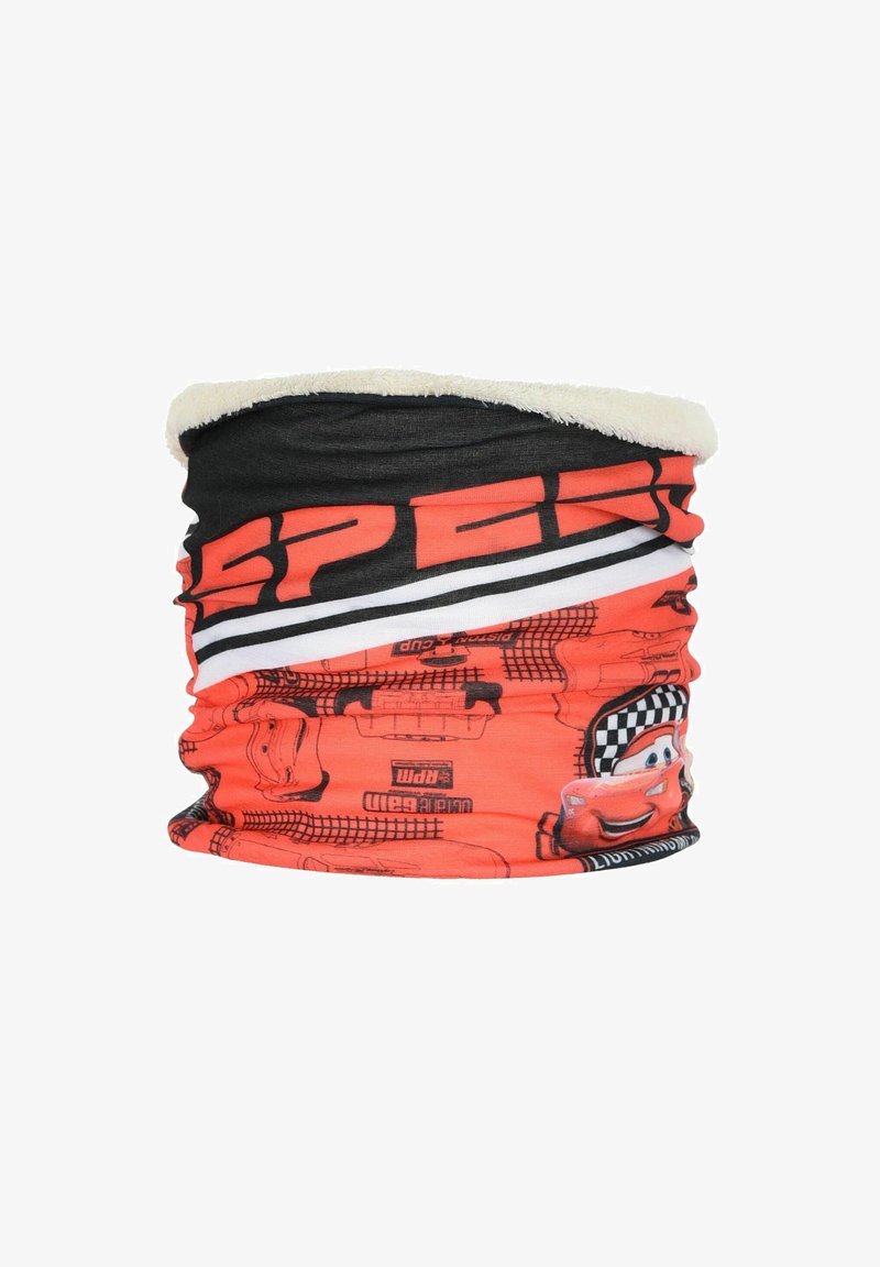 Chauffe-nuque multifonction. Présente un design rouge et noir avec des voitures en cartoon, une doublure en polaire blanche douce et des graphiques sportifs.