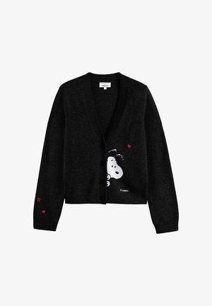 Cardigan noir avec un design de chien cartoon blanc orné de cœurs rouges sur les manches et à l'avant, fabriqué en matière tricot douce.