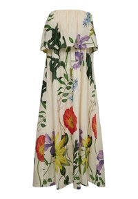 Robe longue crème à épaules dénudées avec des motifs floraux rouges, jaunes et violets et des feuilles vertes.