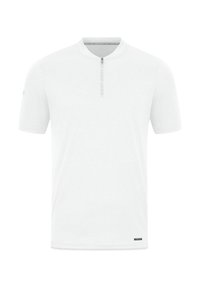 Camicia bianca a maniche corte con collo alla coreana e zip frontale; presenta una sottile trama e un piccolo logo sull'orlo inferiore.